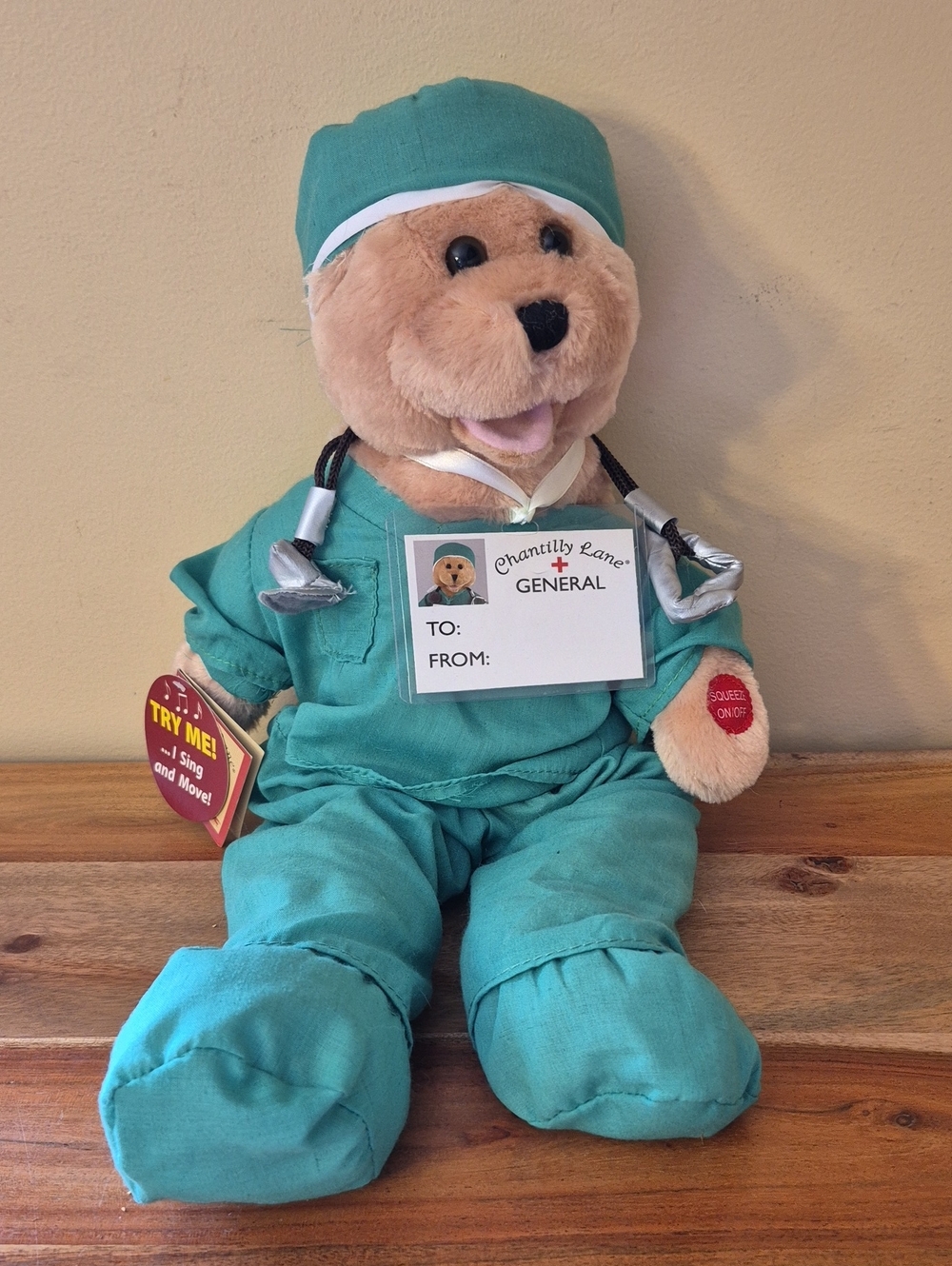 18" Chantilly Lane Plush Animated Musical Surgeon Bear Sings "I'll Be There"